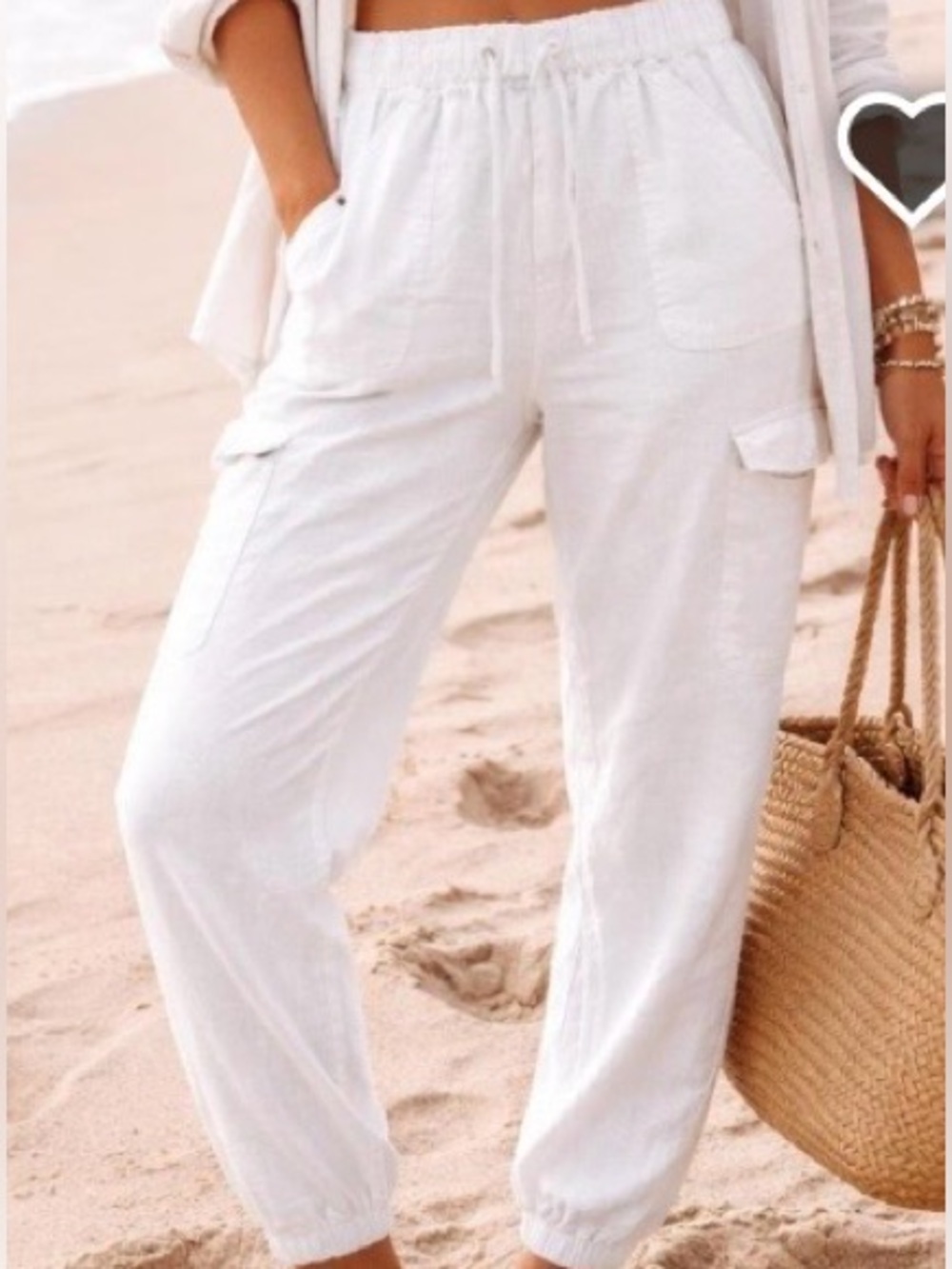 White Elastic Waist Linen Cargo Jogger Pants S